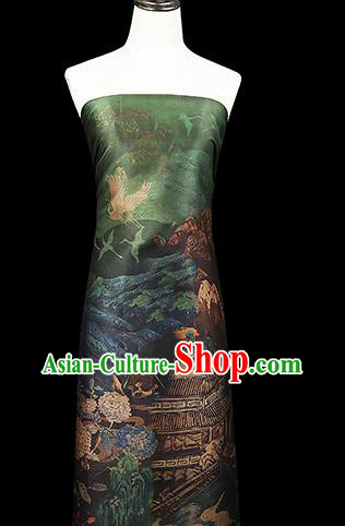 Chinese Green Silk Drapery Classical Crane Pattern Gambiered Guangdong Gauze Traditional Cheongsam Brocade Fabric