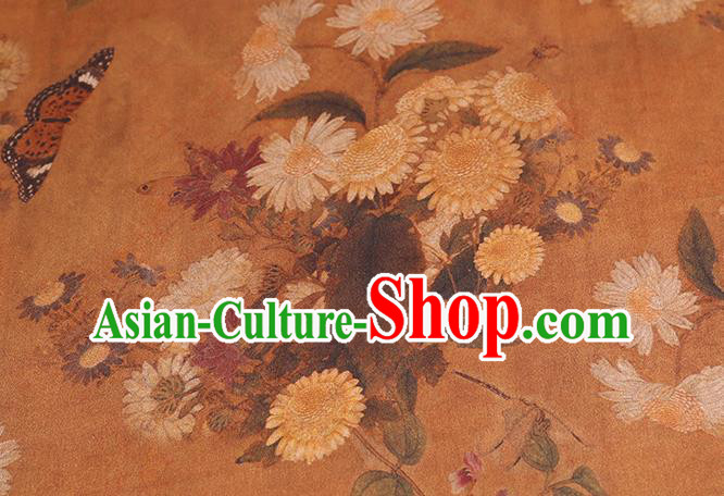 Chinese Classical Chrysanthemum Pattern Brown Silk Drapery Gambiered Guangdong Gauze Traditional Cheongsam Brocade Fabric