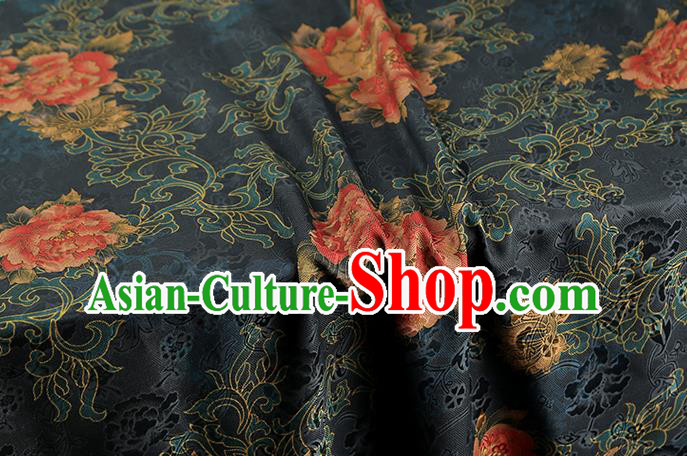 Chinese Classical Peony Pattern Navy Silk Drapery Traditional Cheongsam Brocade Fabric Gambiered Guangdong Gauze