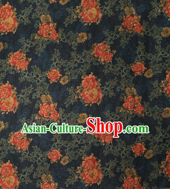 Chinese Classical Peony Pattern Navy Silk Drapery Traditional Cheongsam Brocade Fabric Gambiered Guangdong Gauze