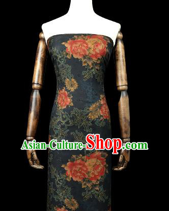 Chinese Classical Peony Pattern Navy Silk Drapery Traditional Cheongsam Brocade Fabric Gambiered Guangdong Gauze