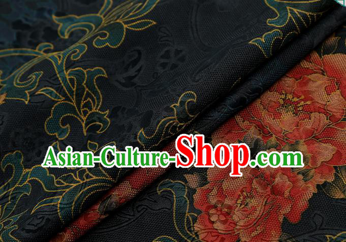 Chinese Classical Peony Pattern Navy Silk Drapery Traditional Cheongsam Brocade Fabric Gambiered Guangdong Gauze