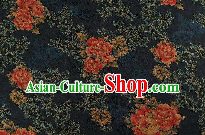 Chinese Classical Peony Pattern Navy Silk Drapery Traditional Cheongsam Brocade Fabric Gambiered Guangdong Gauze