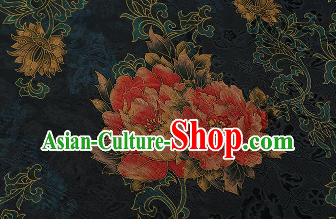 Chinese Classical Peony Pattern Navy Silk Drapery Traditional Cheongsam Brocade Fabric Gambiered Guangdong Gauze