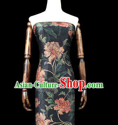 Chinese Traditional Peony Pattern Black Silk Drapery Classical Gambiered Guangdong Gauze Cheongsam Brocade Fabric