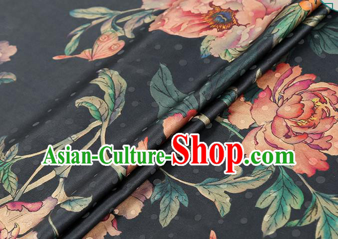 Chinese Traditional Peony Pattern Black Silk Drapery Classical Gambiered Guangdong Gauze Cheongsam Brocade Fabric