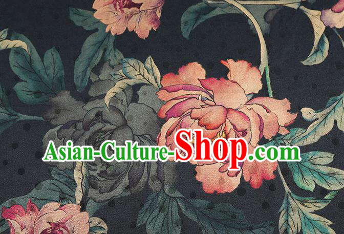 Chinese Traditional Peony Pattern Black Silk Drapery Classical Gambiered Guangdong Gauze Cheongsam Brocade Fabric