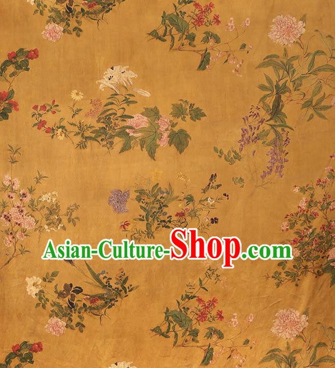 Chinese Classical Gambiered Guangdong Gauze Cheongsam Brocade Fabric Traditional Flowers Pattern Ginger Silk Drapery