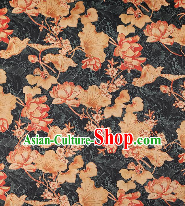 Chinese Cheongsam Black Brocade Fabric Traditional Lotus Pattern Silk Drapery Classical Gambiered Guangdong Gauze