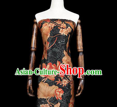 Chinese Cheongsam Black Brocade Fabric Traditional Lotus Pattern Silk Drapery Classical Gambiered Guangdong Gauze