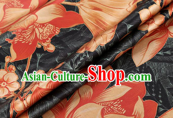 Chinese Cheongsam Black Brocade Fabric Traditional Lotus Pattern Silk Drapery Classical Gambiered Guangdong Gauze