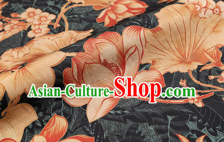 Chinese Cheongsam Black Brocade Fabric Traditional Lotus Pattern Silk Drapery Classical Gambiered Guangdong Gauze