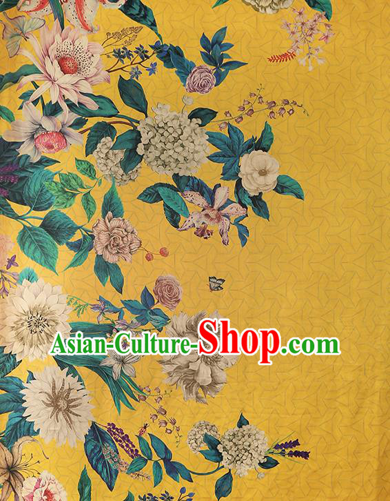 Chinese Traditional Flowers Pattern Silk Drapery Classical Gambiered Guangdong Gauze Cheongsam Yellow Brocade Fabric