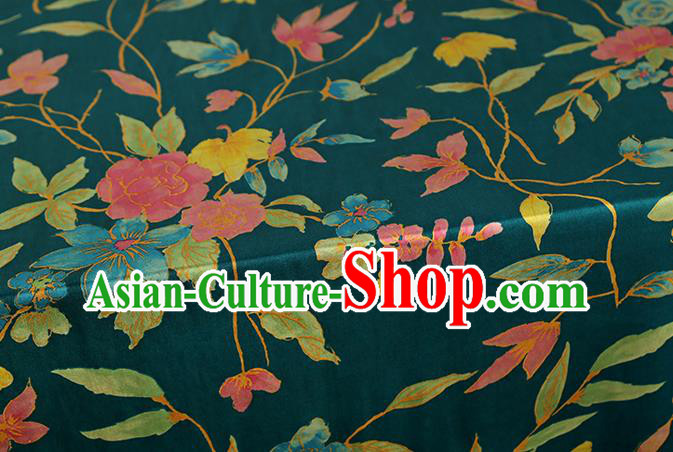 Chinese Traditional Flowers Pattern Deep Green Silk Drapery Classical Gambiered Guangdong Gauze Cheongsam Brocade Fabric