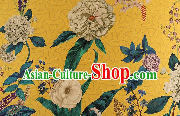 Chinese Traditional Flowers Pattern Silk Drapery Classical Gambiered Guangdong Gauze Cheongsam Yellow Brocade Fabric