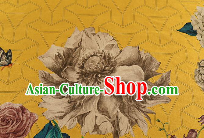 Chinese Traditional Flowers Pattern Silk Drapery Classical Gambiered Guangdong Gauze Cheongsam Yellow Brocade Fabric