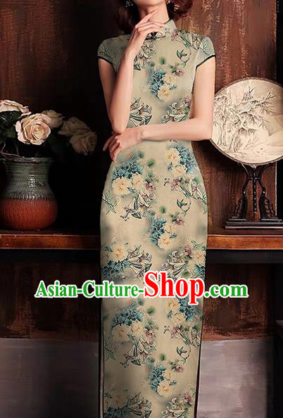 Chinese Traditional Qipao Dress Brocade Satin Fabric Classical Peony Pattern Beige Silk Drapery