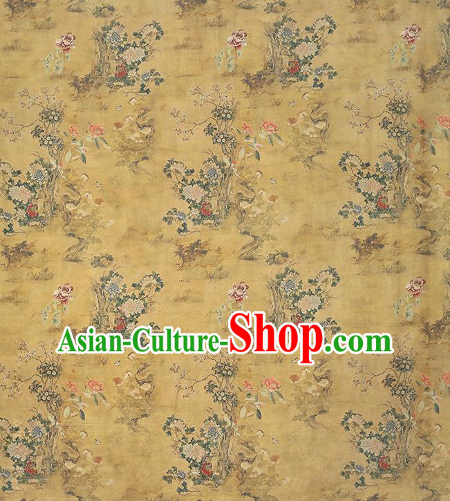 Chinese Classical Chrysanthemum Pattern Yellow Silk Drapery Traditional Qipao Dress Brocade Satin Fabric
