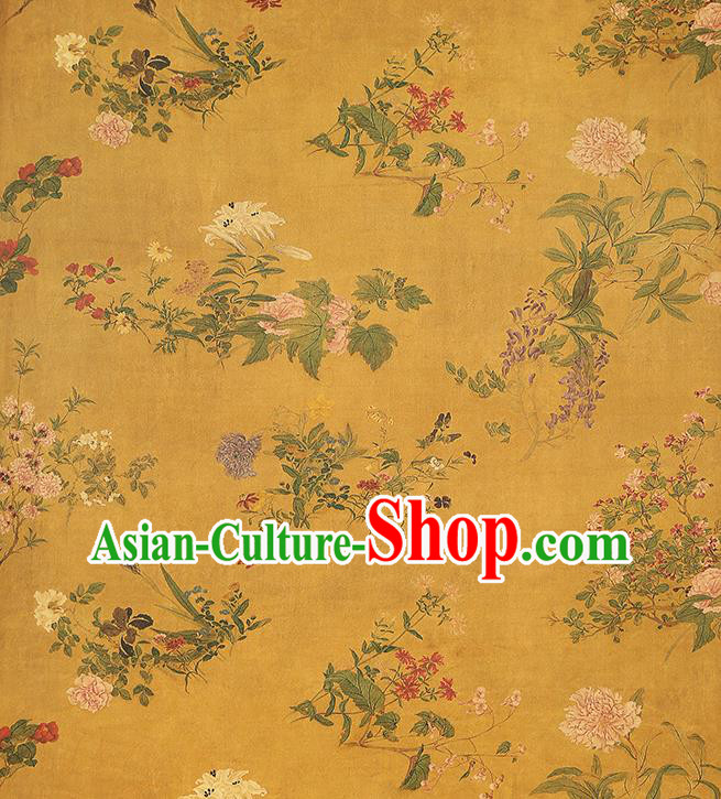 Chinese Classical Flowers Pattern Silk Drapery Traditional Golden Brocade Qipao Dress Satin Fabric
