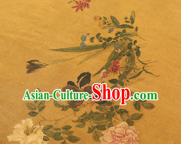 Chinese Classical Flowers Pattern Silk Drapery Traditional Golden Brocade Qipao Dress Satin Fabric