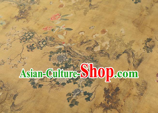 Chinese Classical Chrysanthemum Pattern Yellow Silk Drapery Traditional Qipao Dress Brocade Satin Fabric