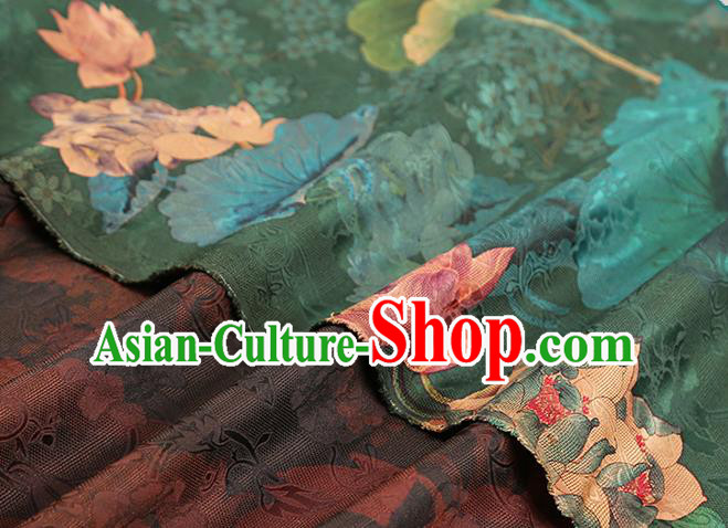 Chinese Classical Lotus Pattern Silk Drapery Qipao Dress Deep Green Satin Traditional Brocade Fabric