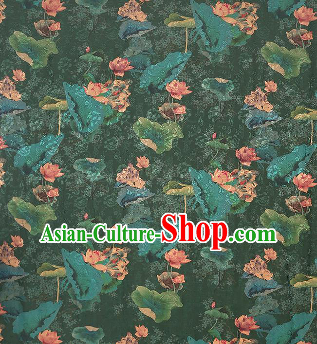 Chinese Classical Lotus Pattern Silk Drapery Qipao Dress Deep Green Satin Traditional Brocade Fabric