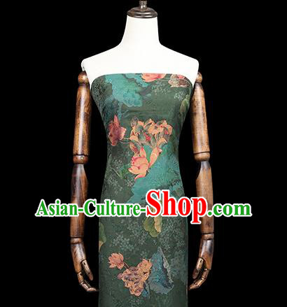Chinese Classical Lotus Pattern Silk Drapery Qipao Dress Deep Green Satin Traditional Brocade Fabric