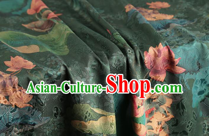 Chinese Classical Lotus Pattern Silk Drapery Qipao Dress Deep Green Satin Traditional Brocade Fabric