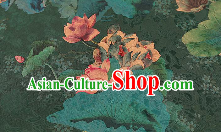 Chinese Classical Lotus Pattern Silk Drapery Qipao Dress Deep Green Satin Traditional Brocade Fabric