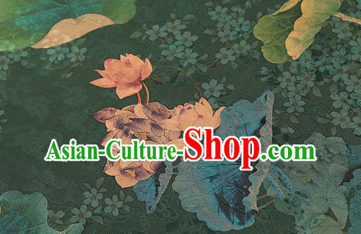Chinese Classical Lotus Pattern Silk Drapery Qipao Dress Deep Green Satin Traditional Brocade Fabric