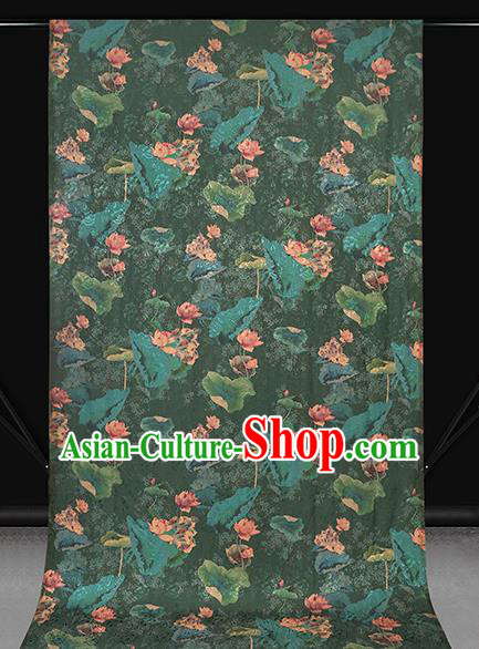 Chinese Classical Lotus Pattern Silk Drapery Qipao Dress Deep Green Satin Traditional Brocade Fabric