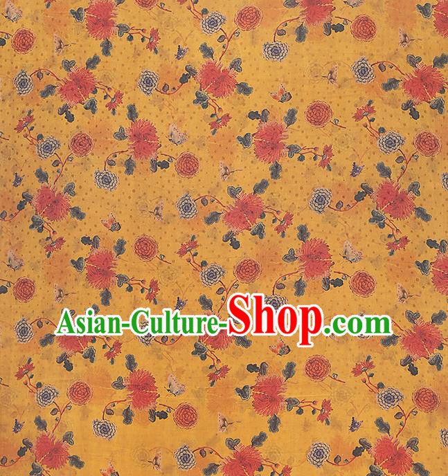 Chinese Qipao Dress Golden Satin Traditional Brocade Fabric Classical Chrysanthemum Pattern Silk Drapery
