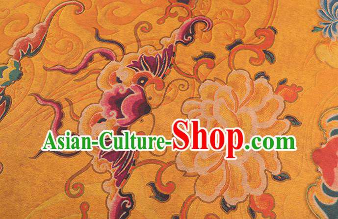 China Traditional Printing Peony Bat Silk Fabric Cheongsam Drapery Classical Yellow Gambiered Guangdong Gauze