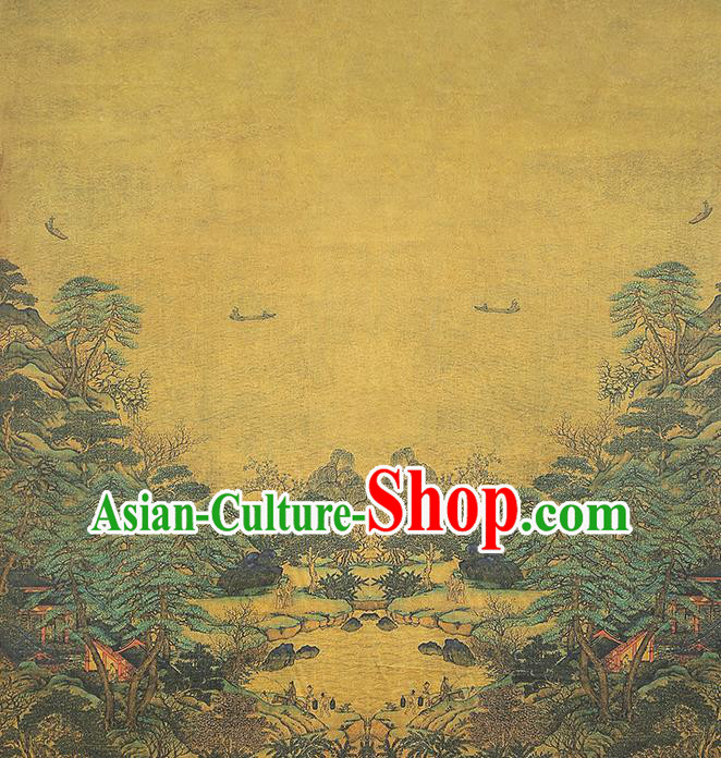 Chinese Satin Fabric Classical Landscape Pattern Yellow Silk Drapery Traditional Qipao Dress Brocade
