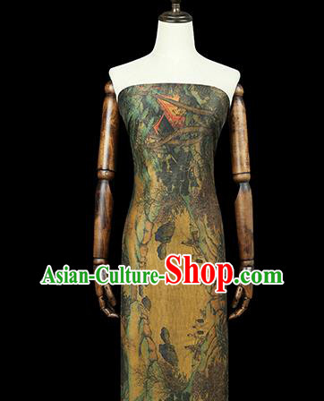 Chinese Satin Fabric Classical Landscape Pattern Yellow Silk Drapery Traditional Qipao Dress Brocade