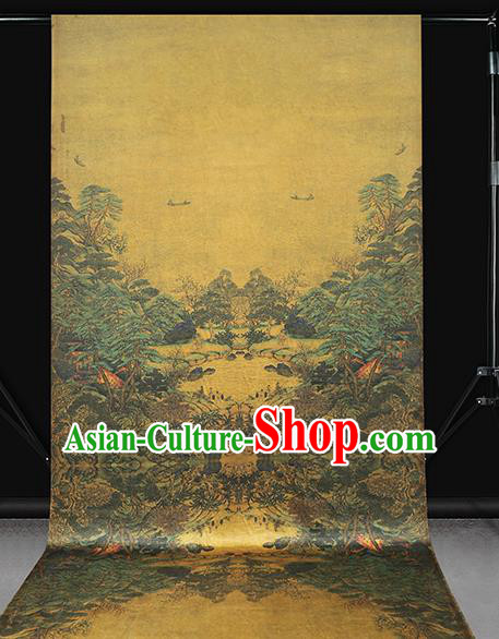 Chinese Satin Fabric Classical Landscape Pattern Yellow Silk Drapery Traditional Qipao Dress Brocade