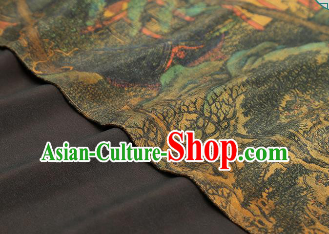 Chinese Satin Fabric Classical Landscape Pattern Yellow Silk Drapery Traditional Qipao Dress Brocade