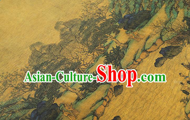 Chinese Satin Fabric Classical Landscape Pattern Yellow Silk Drapery Traditional Qipao Dress Brocade
