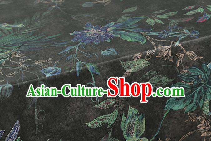 Chinese Classical Epiphyllum Pattern Black Silk Drapery Traditional Brocade Fabric Qipao Dress Satin