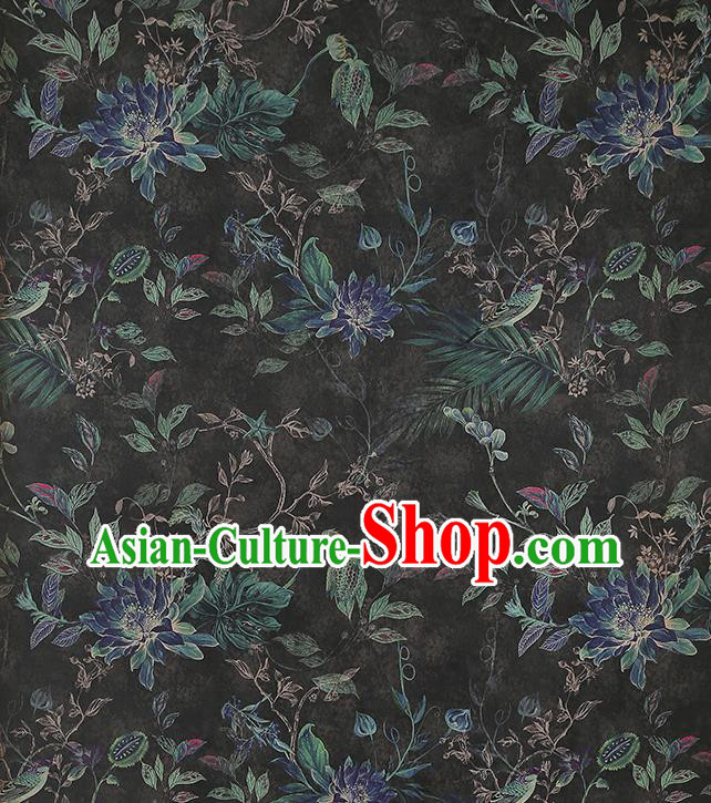 Chinese Classical Epiphyllum Pattern Black Silk Drapery Traditional Brocade Fabric Qipao Dress Satin
