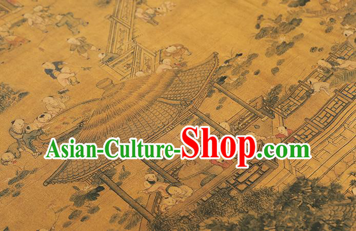 Chinese Classical Hundred Boys Pattern Silk Drapery Qipao Dress Satin Cloth Traditional Ginger Brocade Fabric