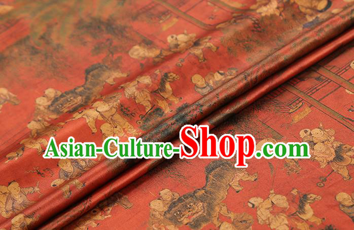Chinese Qipao Dress Satin Cloth Traditional Red Brocade Fabric Classical Hundred Boys Pattern Silk Drapery
