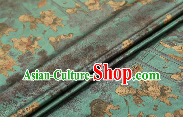 Chinese Traditional Blue Brocade Fabric Classical Hundred Boys Pattern Silk Drapery Qipao Dress Satin Cloth