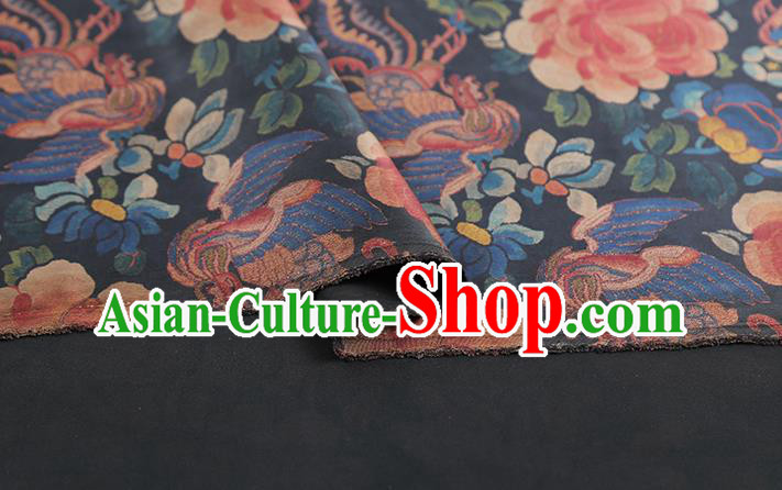 Chinese Traditional Qipao Dress Tapestry Fabric Classical Phoenix Peony Pattern Silk Drapery Navy Brocade
