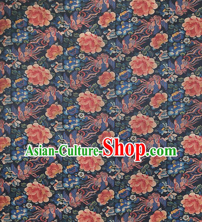 Chinese Traditional Qipao Dress Tapestry Fabric Classical Phoenix Peony Pattern Silk Drapery Navy Brocade
