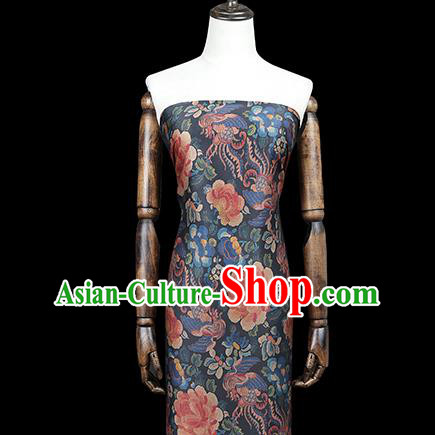 Chinese Traditional Qipao Dress Tapestry Fabric Classical Phoenix Peony Pattern Silk Drapery Navy Brocade