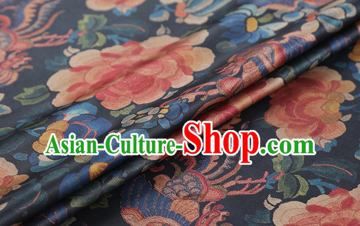Chinese Traditional Qipao Dress Tapestry Fabric Classical Phoenix Peony Pattern Silk Drapery Navy Brocade
