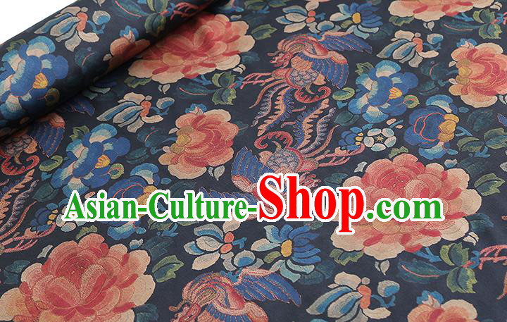 Chinese Traditional Qipao Dress Tapestry Fabric Classical Phoenix Peony Pattern Silk Drapery Navy Brocade
