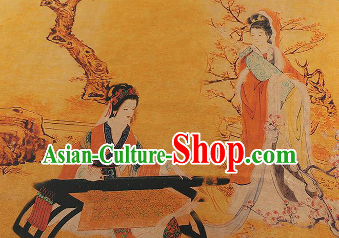 Chinese Traditional Yellow Gambiered Guangdong Gauze Qipao Dress Fabric Classical Beauty Wang Zhaojun Pattern Silk Drapery